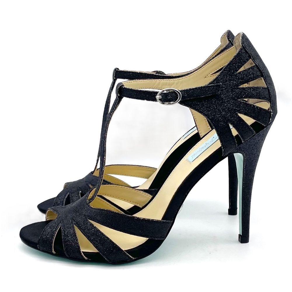 Betsey Johnson Black Glitter Mod Retro T-Strap Peep-Toe Strappy Heels Size 9